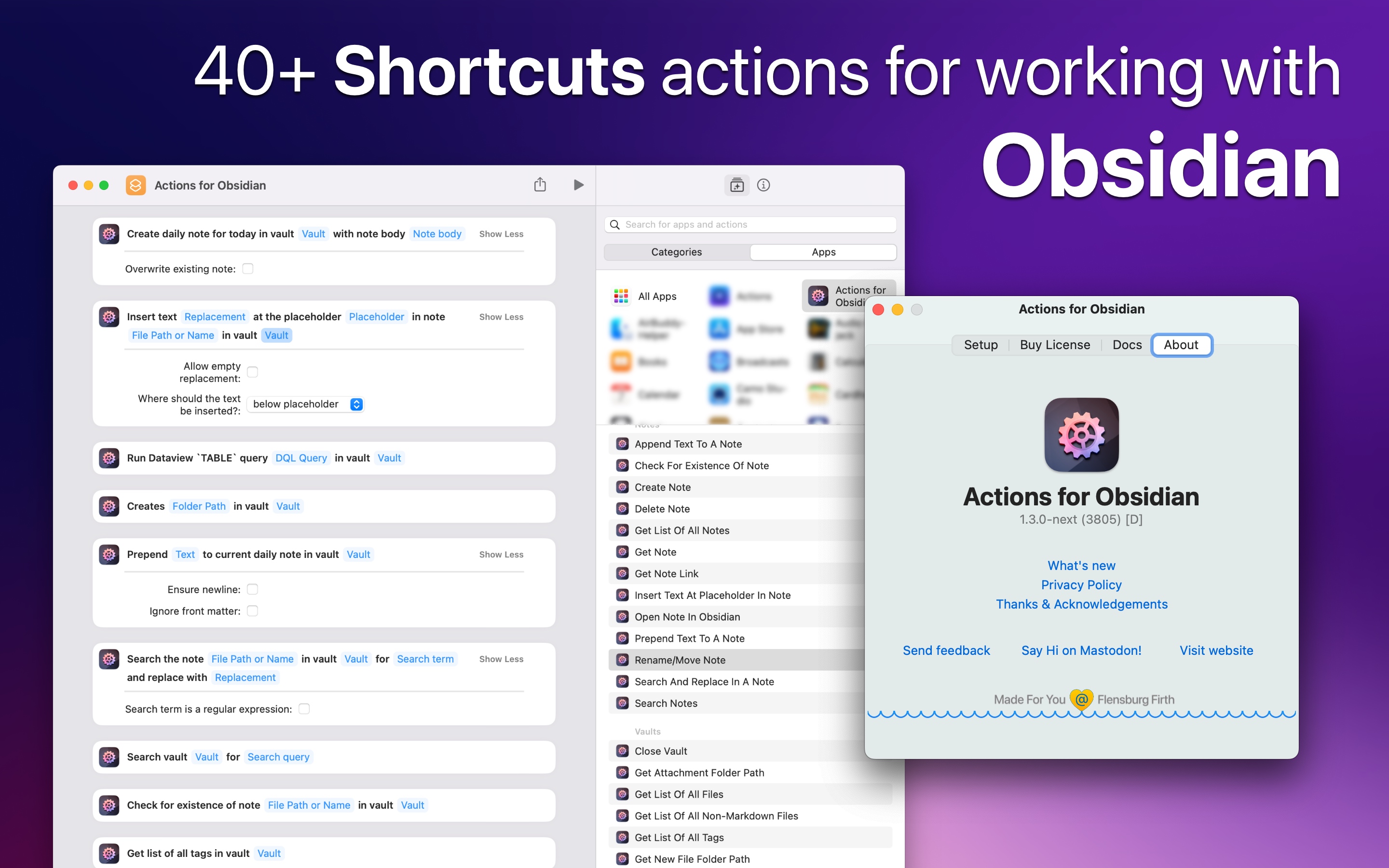 Promo image, showing the macOS Shortcuts editor with several AFO actions open, overlaid with the text "40+ Shortcuts actions for working with Obsidian"