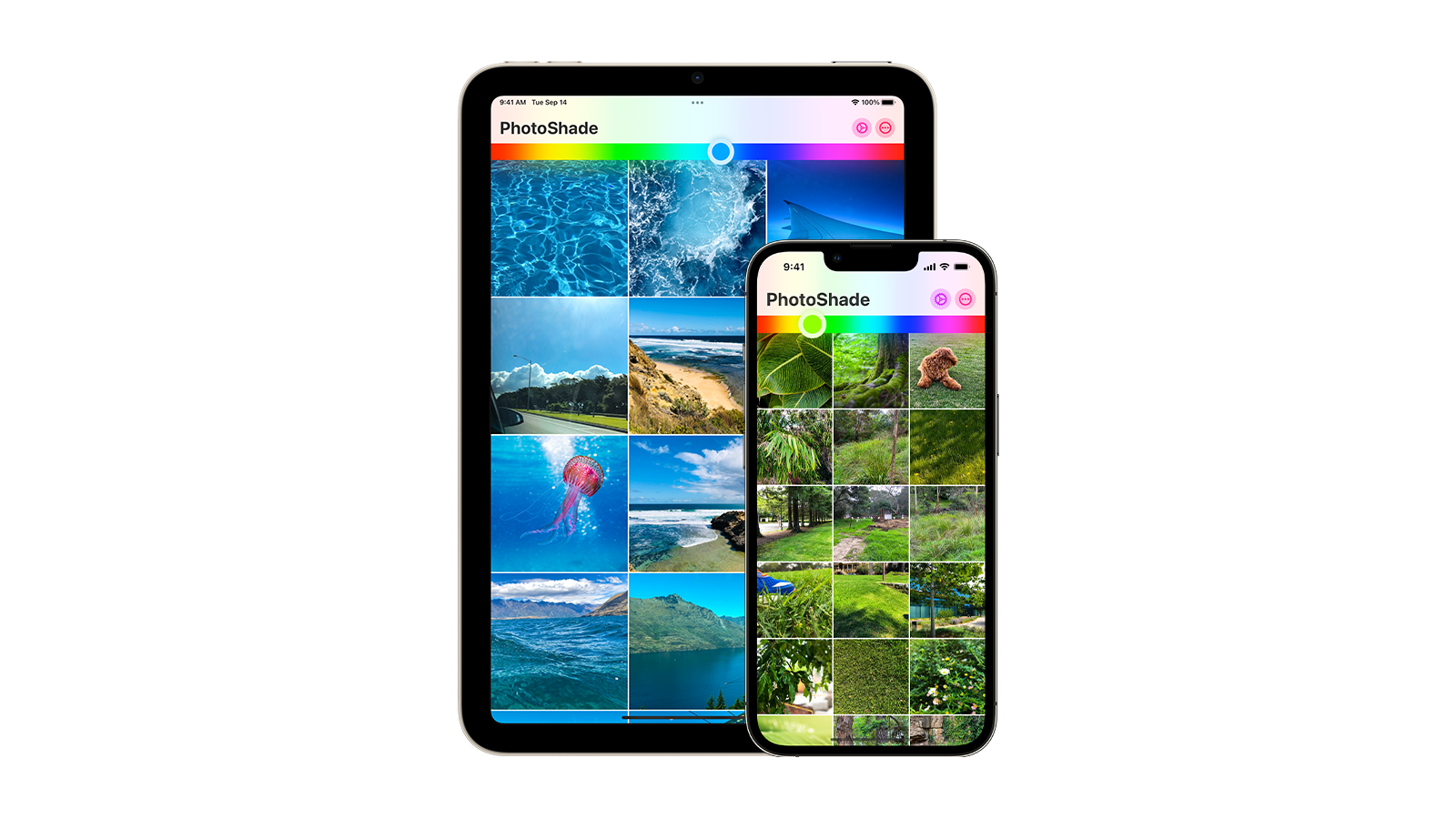 An iPad and and iPhone with screenshots of PhotoShade
